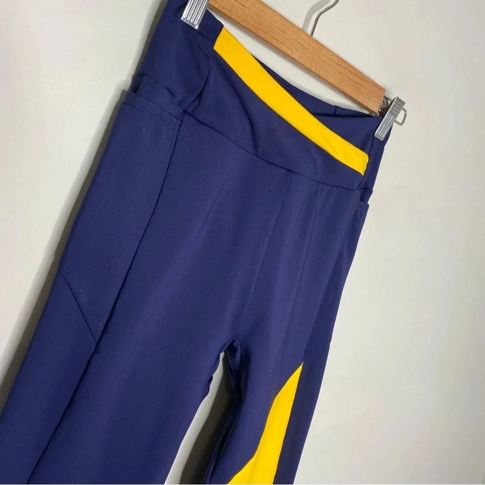 Gymshark Navy Blue Yellow High Rise Asymmetrical Crossover Leggings Size Small